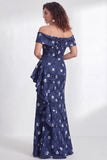 Off the Shoulder Mermaid Black Floral Ruffled Long Mother of the Bride Dress with Slit