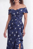 Off the Shoulder Mermaid Black Floral Ruffled Long Mother of the Bride Dress with Slit