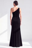 One Shoulder Mermaid Black Velvet Ruffled Ruched Long Mother of the Bride Dress