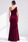 One Shoulder Mermaid Black Velvet Ruffled Ruched Long Mother of the Bride Dress