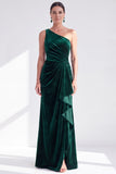 One Shoulder Mermaid Black Velvet Ruffled Ruched Long Mother of the Bride Dress