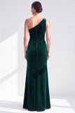 One Shoulder Mermaid Black Velvet Ruffled Ruched Long Mother of the Bride Dress