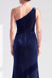 One Shoulder Mermaid Black Velvet Ruffled Ruched Long Mother of the Bride Dress