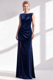 Dark Green Velvet Bateau Neck Ruched Mermaid Long Mother of the Bride Dress with Slit