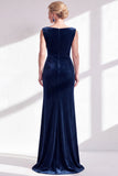 Dark Green Velvet Bateau Neck Ruched Mermaid Long Mother of the Bride Dress with Slit