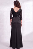 Black V-Neck Ruched Mermaid Ruffled Sequins Long Mother of the Bride Dress with Slit
