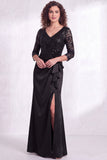 Black V-Neck Ruched Mermaid Ruffled Sequins Long Mother of the Bride Dress with Slit