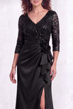 Black V-Neck Ruched Mermaid Ruffled Sequins Long Mother of the Bride Dress with Slit