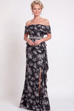 Blue Off the Shoulder Mermaid Floral Ruffled Long Mother of the Bride Dress with Slit