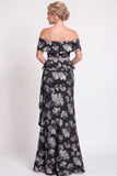 Blue Off the Shoulder Mermaid Floral Ruffled Long Mother of the Bride Dress with Slit