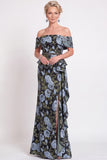 Blue Off the Shoulder Mermaid Floral Ruffled Long Mother of the Bride Dress with Slit
