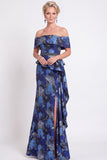 Blue Off the Shoulder Mermaid Floral Ruffled Long Mother of the Bride Dress with Slit