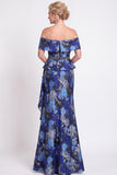 Blue Off the Shoulder Mermaid Floral Ruffled Long Mother of the Bride Dress with Slit