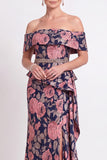 Blue Off the Shoulder Mermaid Floral Ruffled Long Mother of the Bride Dress with Slit