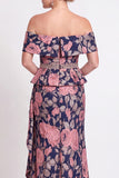 Blue Off the Shoulder Mermaid Floral Ruffled Long Mother of the Bride Dress with Slit
