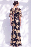 Navy Mermaid Ruffled Floral Long Mother of the Bride Dress with Half Sleeves