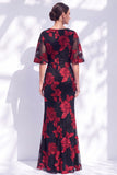 Navy Mermaid Ruffled Floral Long Mother of the Bride Dress with Half Sleeves