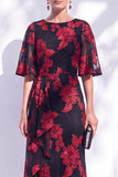 Navy Mermaid Ruffled Floral Long Mother of the Bride Dress with Half Sleeves