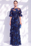 Navy Mermaid Ruffled Floral Long Mother of the Bride Dress with Half Sleeves