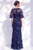 Navy Mermaid Ruffled Floral Long Mother of the Bride Dress with Half Sleeves