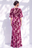Sage Green Floral Mermaid Bateau Neck Ruched Long Mother of the Bride Dress with Sash