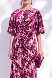 Sage Green Floral Mermaid Bateau Neck Ruched Long Mother of the Bride Dress with Sash