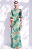 Sage Green Floral Mermaid Bateau Neck Ruched Long Mother of the Bride Dress with Sash