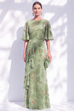 Sage Green Floral Mermaid Bateau Neck Ruched Long Mother of the Bride Dress with Sash