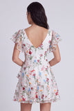 Ivory Floral A-Line V-Neck Graduation Dress with Ruffles