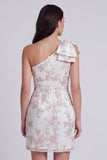 One Shoulder Floral Bodycon Little White Dress with Bow