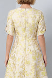 A-Line Light Yellow Round Neck Floral Midi Work Dress