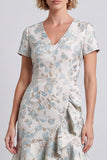 Light Blue V-Neck Floral Bodycon Ruffled Mini Work Dress with Short Sleeves