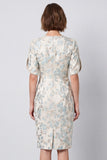 Bodycon Light Blue Floral Round Neck Midi Work Dress with Short Sleeves