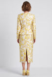 Light Yellow V-Neck Bodycon Floral Single Breasted Midi Work Dress with Slit