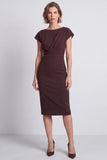 Brown Bodycon Ruched Round Neck Cap Sleeves Midi Work Dress with Slit
