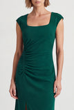 Dark Green Square Neck Ruched Cap Sleeves Midi Work Dress with Slit