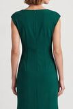 Dark Green Square Neck Ruched Cap Sleeves Midi Work Dress with Slit