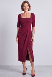Navy Square Neck Ruched Bodycon Half Sleeves Midi Work Dress with Slit