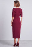Navy Square Neck Ruched Bodycon Half Sleeves Midi Work Dress with Slit