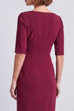 Navy Square Neck Ruched Bodycon Half Sleeves Midi Work Dress with Slit