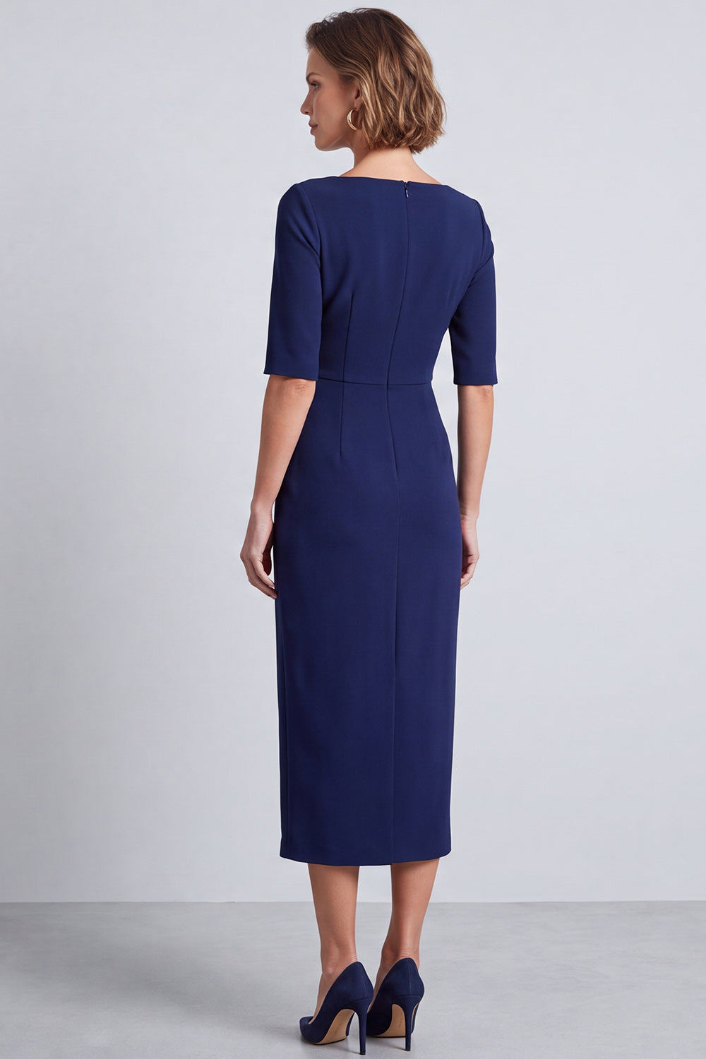Navy Square Neck Ruched Bodycon Half Sleeves Midi Work Dress with Slit