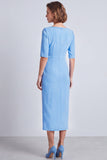 Navy Square Neck Ruched Bodycon Half Sleeves Midi Work Dress with Slit