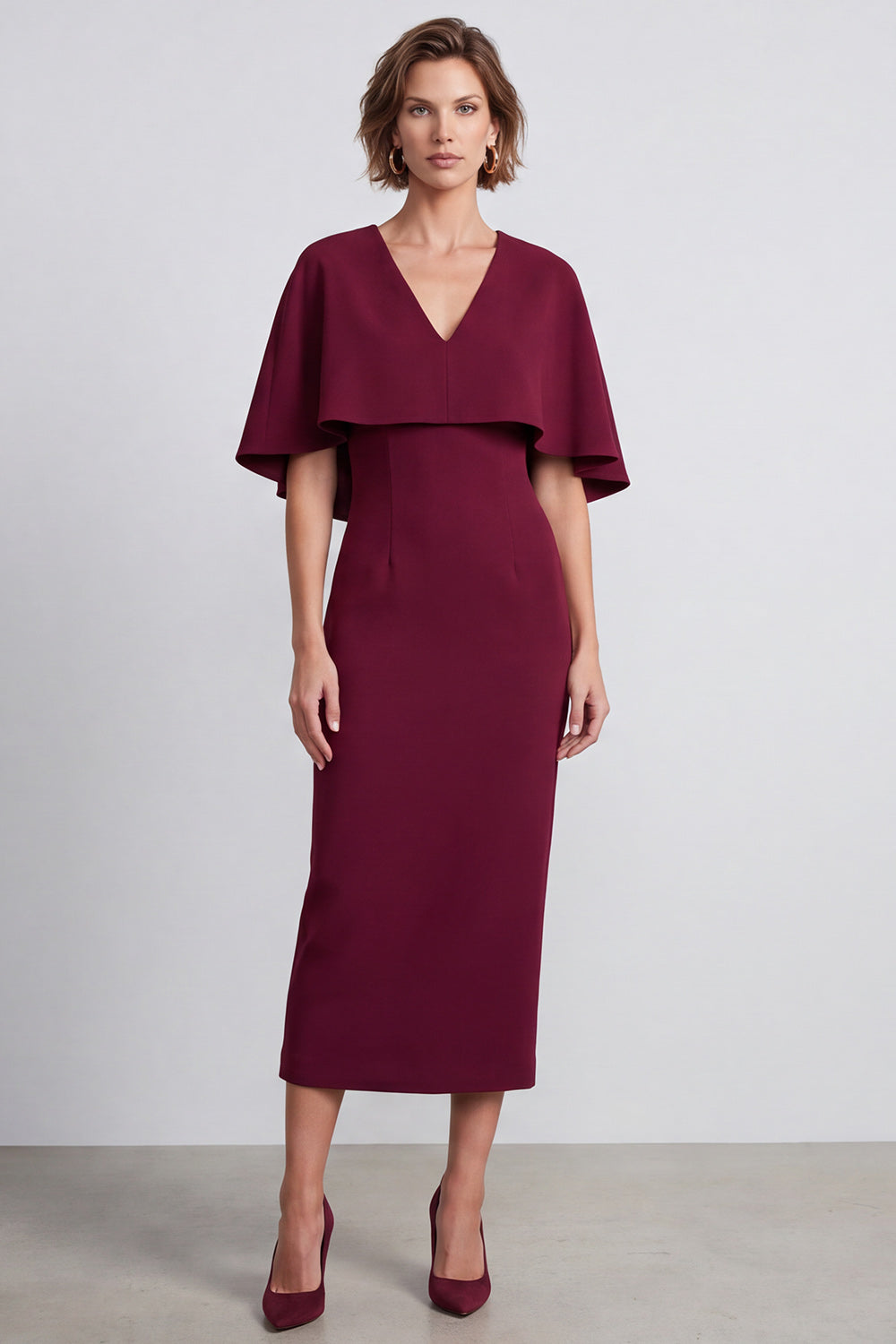 Zapaka Women Burgundy Bodycon Work Dress with Cape V-Neck Midi Formal Dress, Burgundy / US20W