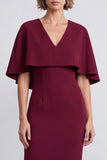 Burgundy Bodycon V-Neck Midi Work Dress with Cape