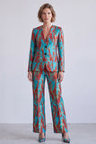 Blue and Red 2 Piece Single Breasted V-Neck Women Suits