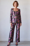 Black Purple Flower Square Neck 2 Piece Single Breasted Prom Suits