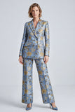 2 Piece Dusty Blue Single Breasted Peak Lapel Floral Prom Suits