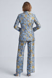 2 Piece Dusty Blue Single Breasted Peak Lapel Floral Prom Suits
