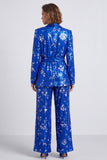 Sparkly Royal Blue 2 Piece Shawl Lapel Sequins Prom Suits with Belt