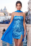 Gold Strapless Sequins Bodycon Short Homecoming Dress with Slit